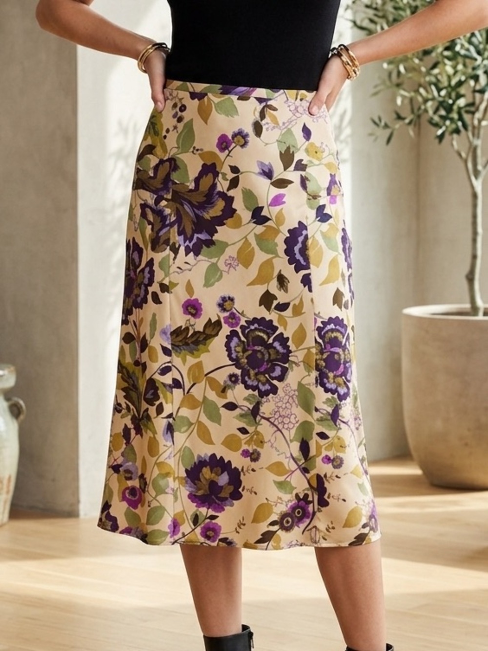 Vintage I.E. 100% Silk Floral Midi Skirt | Purple & Gold Botanical A-Line Skirt